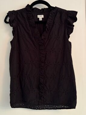 J. Crew Black Eyelet Ruffle V-Neck Blouse